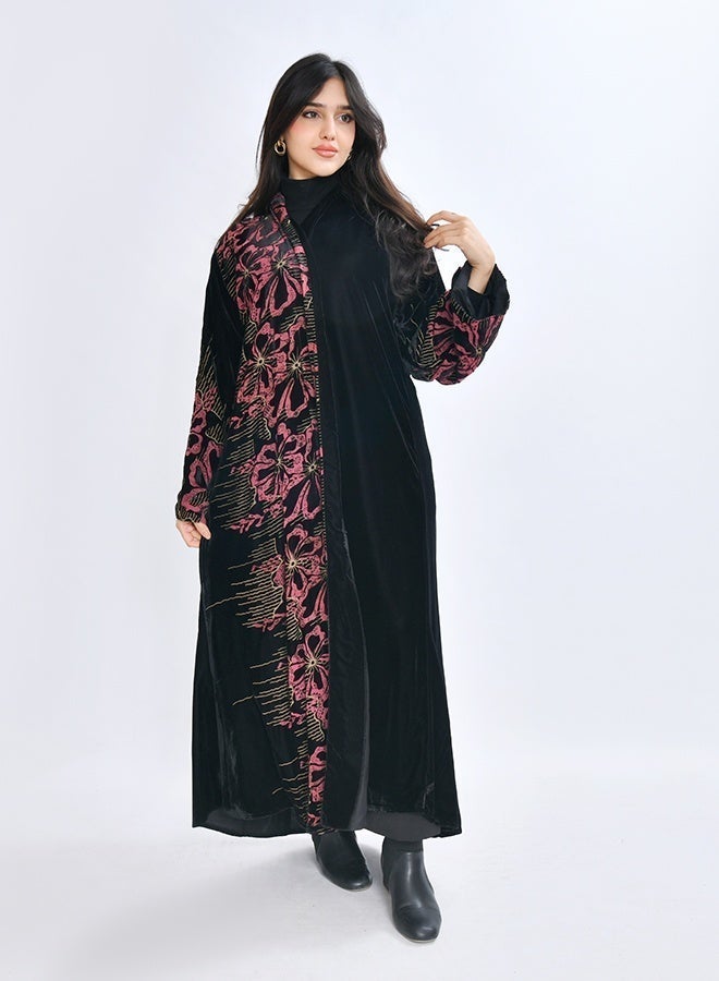 HAWRAA ABAYA Abaya crafted from soft black velvet fabric, featuring an elegant floral print in shades of red with subtle golden accents - Image 4